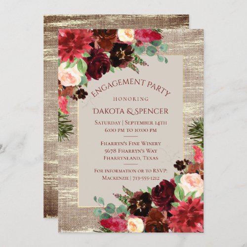 Christmas Rustic Burgundy Gold Engagement Party Invitation