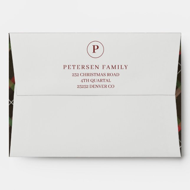 Christmas rustic chic red green plaid monogrammed envelope (Back (Top Flap))