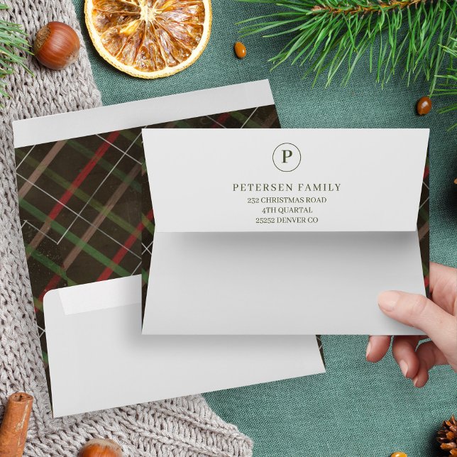 Christmas rustic chic red green plaid monogrammed envelope (Creator Uploaded)