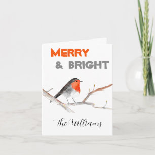 Christmas rustic chic watercolor robin bird Merry Holiday Card