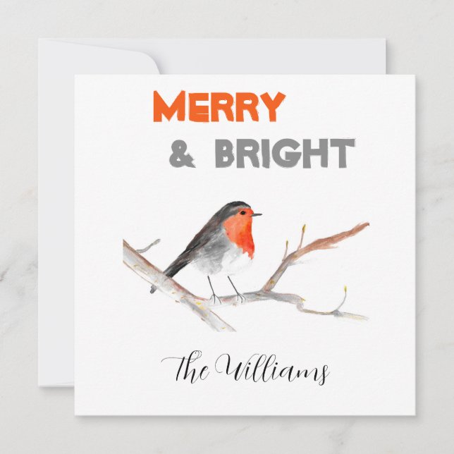 Christmas rustic chic watercolor robin bird Merry Holiday Card (Front)