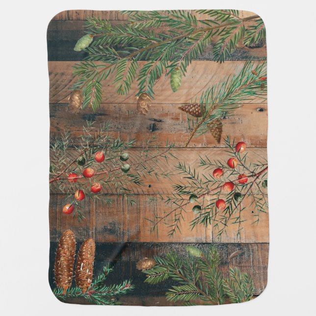 Christmas Rustic Conifers Pine Wood  Baby Blanket (Front)