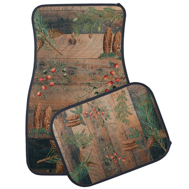 Christmas Rustic Conifers Pine Wood Car Floor Mat (Set)