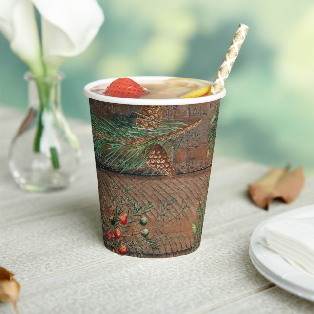 Christmas Rustic Conifers Pine Wood  Paper Cups (Insitu)