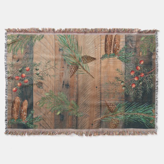 Christmas Rustic Conifers Pine Wood Throw Blanket (Front)