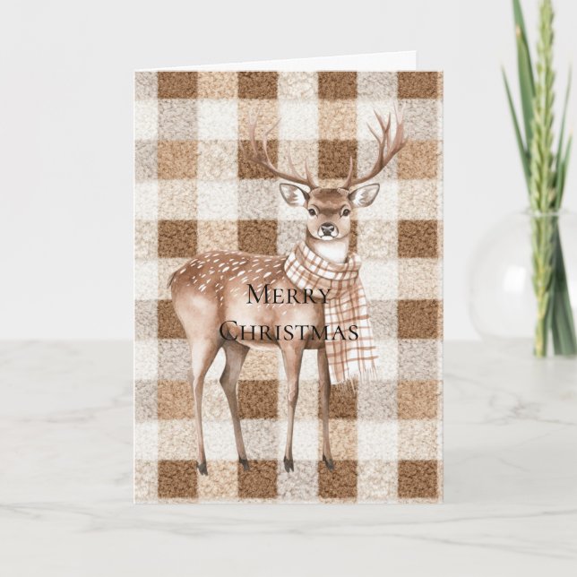 Christmas Rustic Cream Brown Plaid Deer Card (Front)