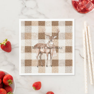 Christmas Rustic Cream Brown Plaid Deer Napkins