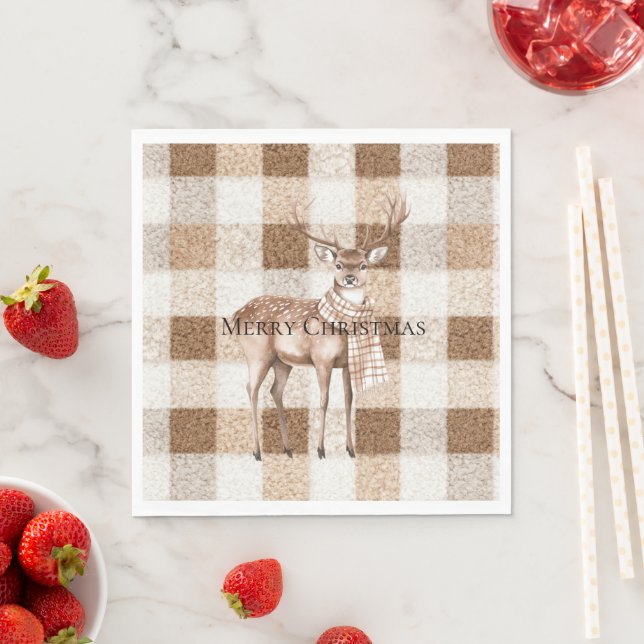 Christmas Rustic Cream Brown Plaid Deer Napkins (Insitu)