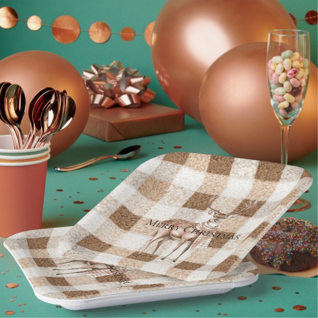 Christmas Rustic Cream Brown Plaid Deer Paper Plates (Multi)