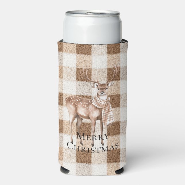 Christmas Rustic Cream Brown Plaid Deer Seltzer Can Cooler (Seltzer Front)