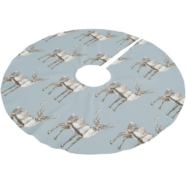Christmas Rustic Deer Blue Brushed Polyester Tree Skirt (Angled)
