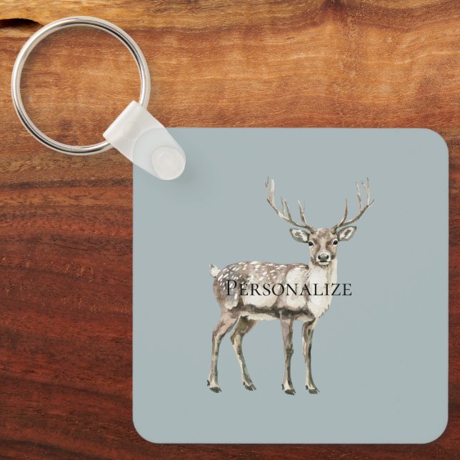 Christmas Rustic Deer Pine Green Personalized Keychain (Front)