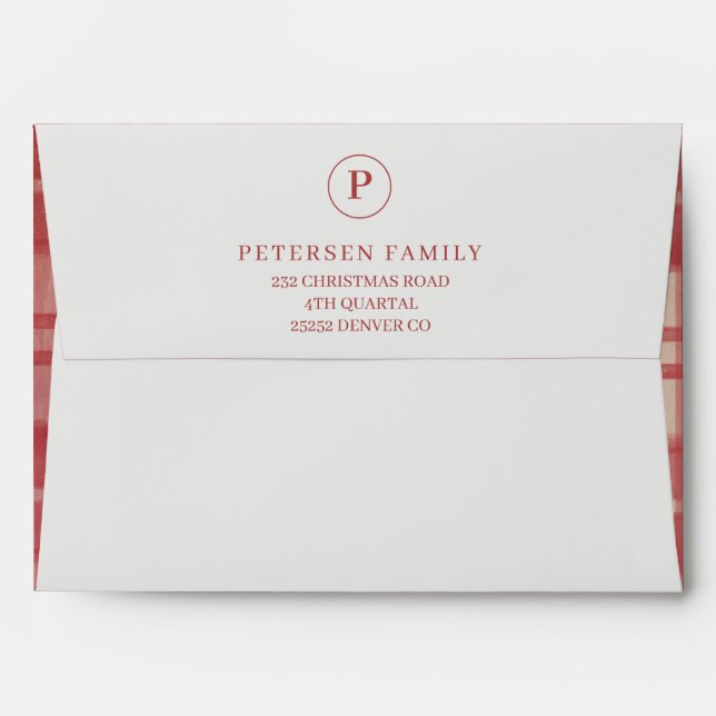 Christmas rustic elegant red plaid monogrammed envelope (Back (Top Flap))