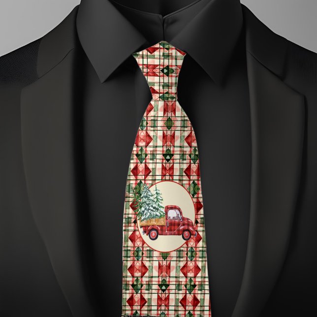 Christmas Rustic Farmhouse  Pattern Red Truck Neck Tie (Creator Uploaded)