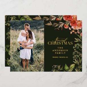 Christmas rustic foliage stag photo red and green foil holiday card