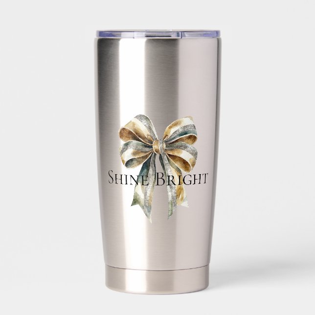 Christmas Rustic Green Gold Bow Personalized Insulated Tumbler (Front)