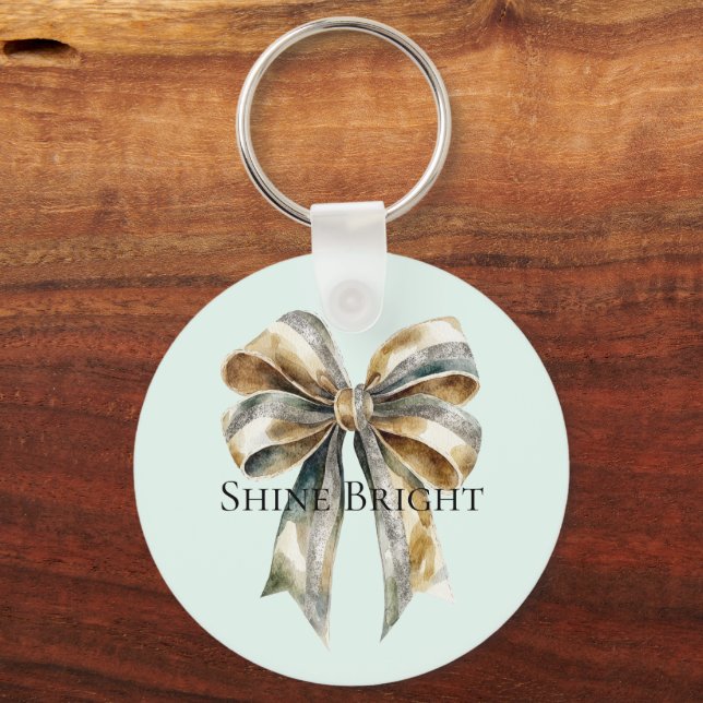 Christmas Rustic Green Gold Bow Personalized Keychain (Front)
