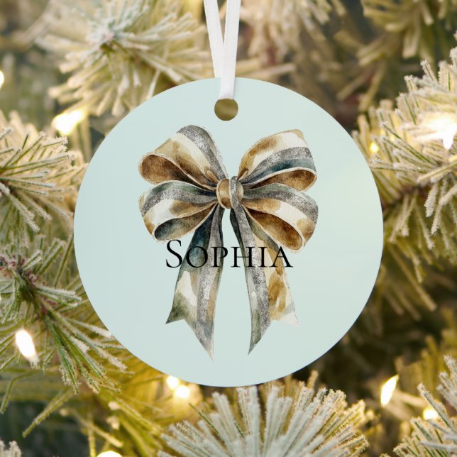 Christmas Rustic Green Gold Bow Personalized Metal Ornament (Insitu)