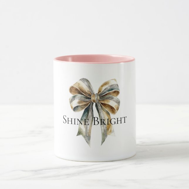 Christmas Rustic Green Gold Bow Personalized Mug (Center)