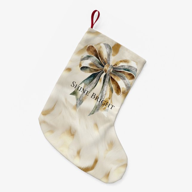 Christmas Rustic Green Gold Bow Personalized Small Christmas Stocking (Front (Hanging))