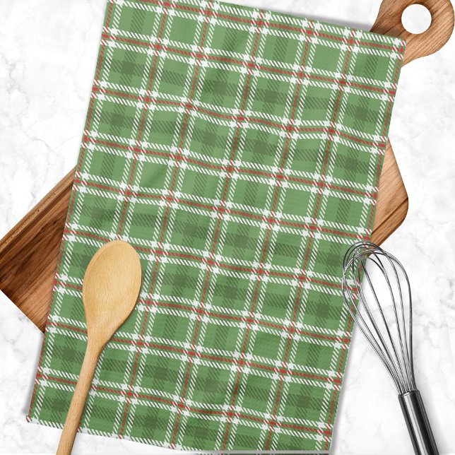 Christmas Rustic Green Holiday Farmhouse Plaid Kitchen Towel (Simple green plaid rustic kitchen towel.)