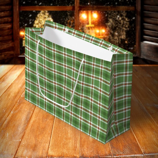 Christmas Rustic Green Holiday Farmhouse Plaid Large Gift Bag (Green plaid pattern classic large gift bag.)