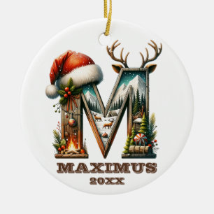 Christmas Rustic Letter M Festive Woodland Charm Ceramic Ornament