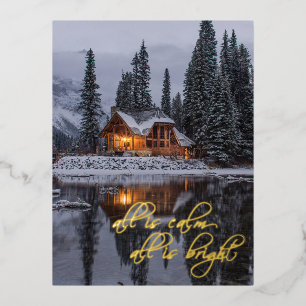 Christmas Rustic Log Cabin Woods Lake Foil Holiday Postcard