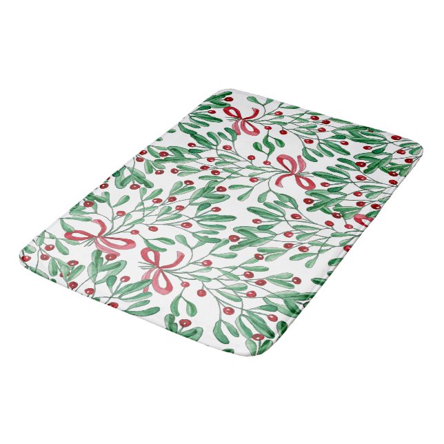 Christmas Rustic Mistletoe Watercolor Hand-painted Bath Mat (Angled)