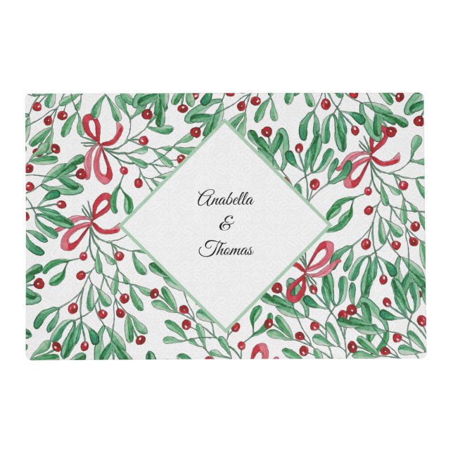 Christmas Rustic Mistletoe Watercolor Hand-painted Placemat (Front)