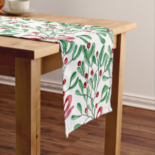 Christmas Rustic Mistletoe Watercolor Hand-painted Short Table Runner