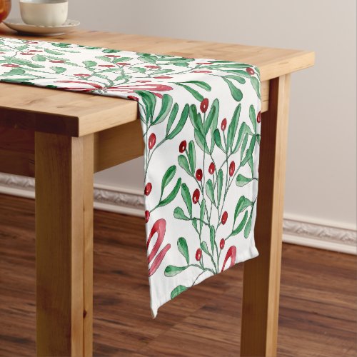 Christmas Rustic Mistletoe Watercolor Hand_painted Short Table Runner