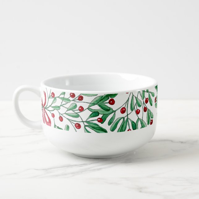 Christmas Rustic Mistletoe Watercolor Hand-painted Soup Mug (Right)