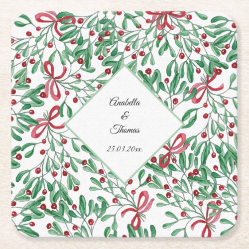 Christmas Rustic Mistletoe Watercolor Hand_painted Square Paper Coaster