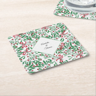 Christmas Rustic Mistletoe Watercolor Hand-painted Square Paper Coaster