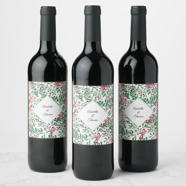 Christmas Rustic Mistletoe Watercolor Hand-painted Wine Label (Bottles)