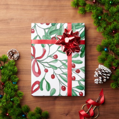 Christmas Rustic Mistletoe Watercolor Hand_painted Wrapping Paper