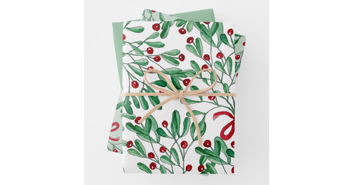 Custom Flat Wrapping Paper for Christmas - Christmas Mistletoe Leaf, Black  & White