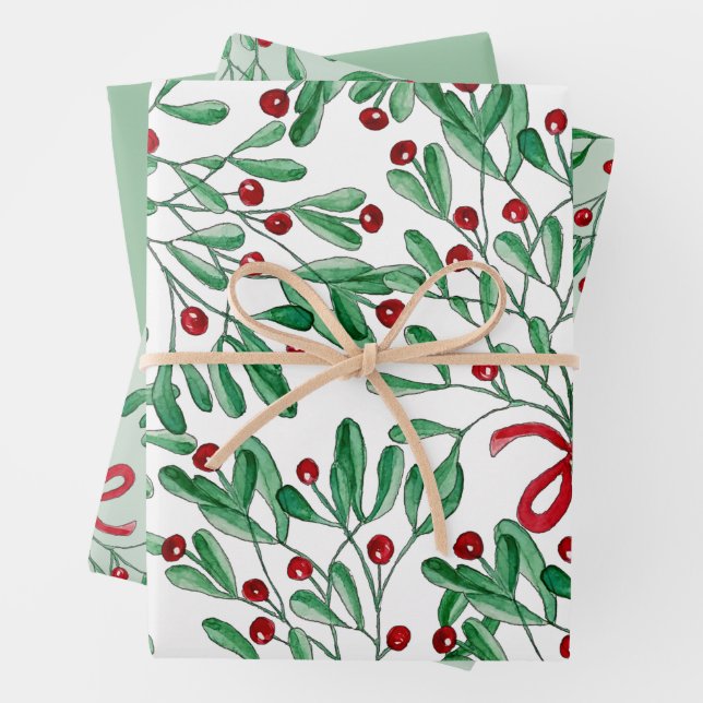 Christmas Rustic Mistletoe Watercolor Hand-painted Wrapping Paper Sheets (In situ)