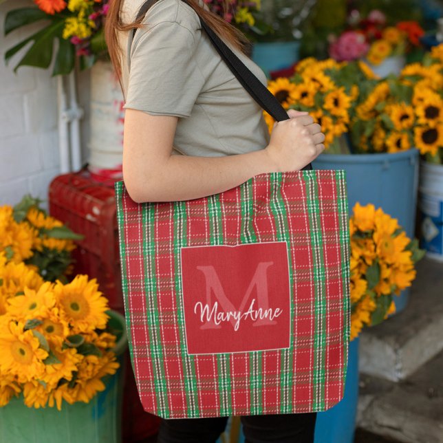 Christmas Rustic Monogram Red Holiday Plaid Tote Bag (Holiday monogram red and green plaid pattern tote bag)
