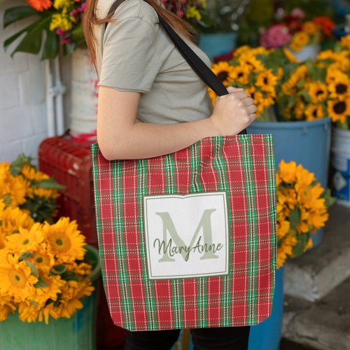 Christmas Rustic Monogram Red Holiday Plaid Tote Bag