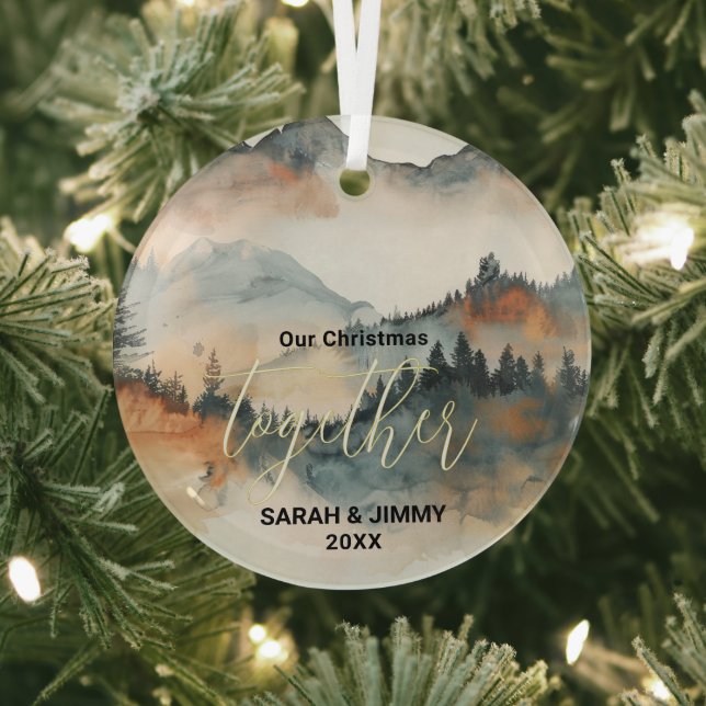 Christmas Rustic Mountain Adventure Outdoor Couple Glass Ornament (Insitu)