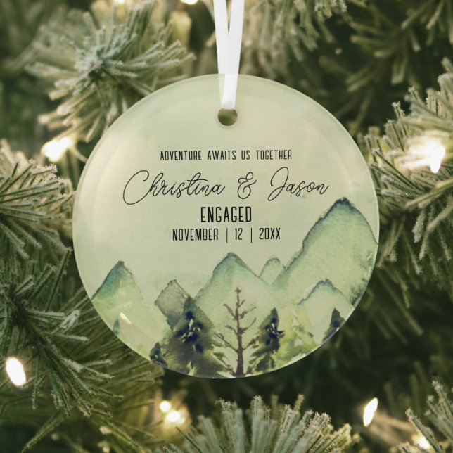 Christmas Rustic Mountain Hiking Engagement Green Glass Ornament (Insitu)