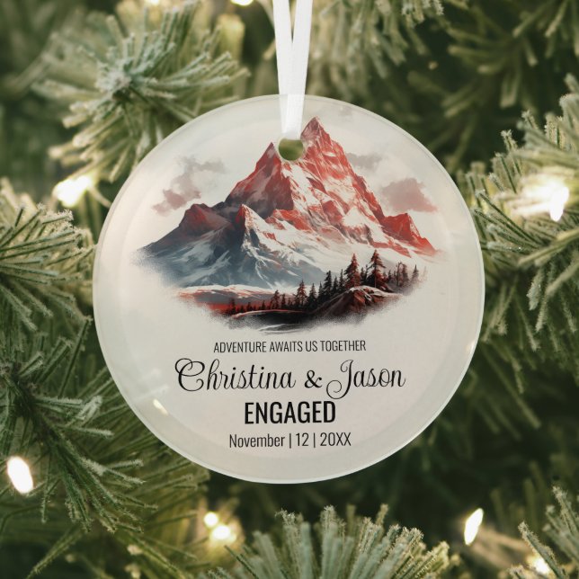 Christmas Rustic Mountain Range Couple Engage Red Glass Ornament (Insitu)