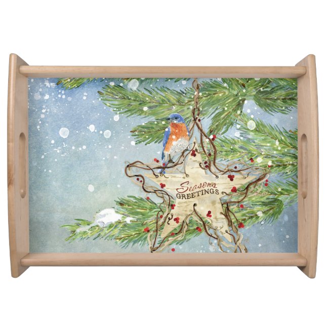 Christmas Rustic Nature Blue Bird birch Star Serving Tray (Front)