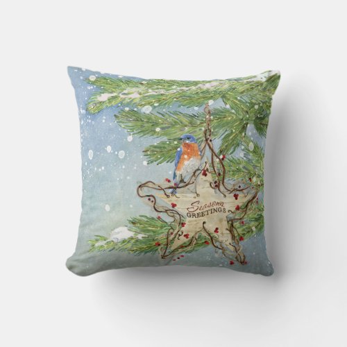 Christmas Rustic Nature Blue Bird birch Star Throw Pillow