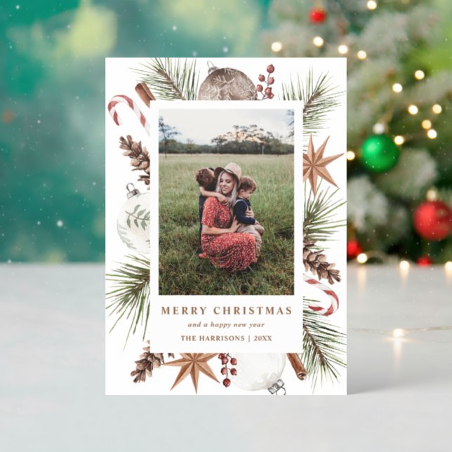 Christmas Rustic Neutral Frame Letterpress Photo Cards (Front (Into))