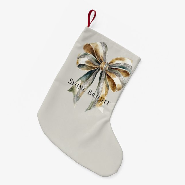Christmas Rustic Pale Green Gold Bow Personalized Small Christmas Stocking (Front (Hanging))