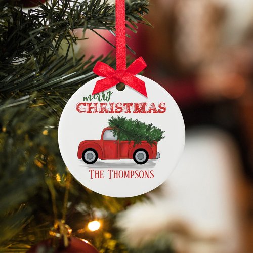 Christmas Rustic Photo Red Truck Holiday Custom  Ceramic Ornament