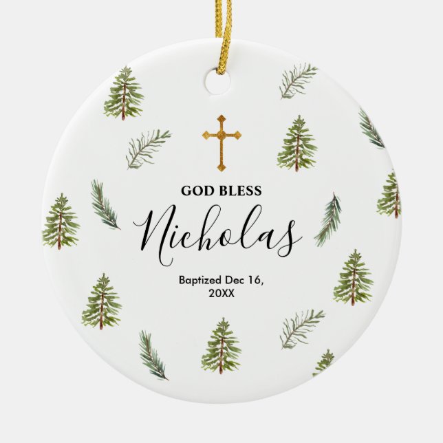 Christmas Rustic Pine Trees Baptism God Bless  Ceramic Ornament (Front)